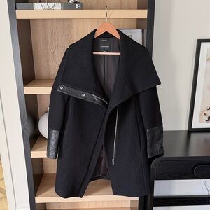 Club Monaco Black Wool Pea Coat with Leather Trim